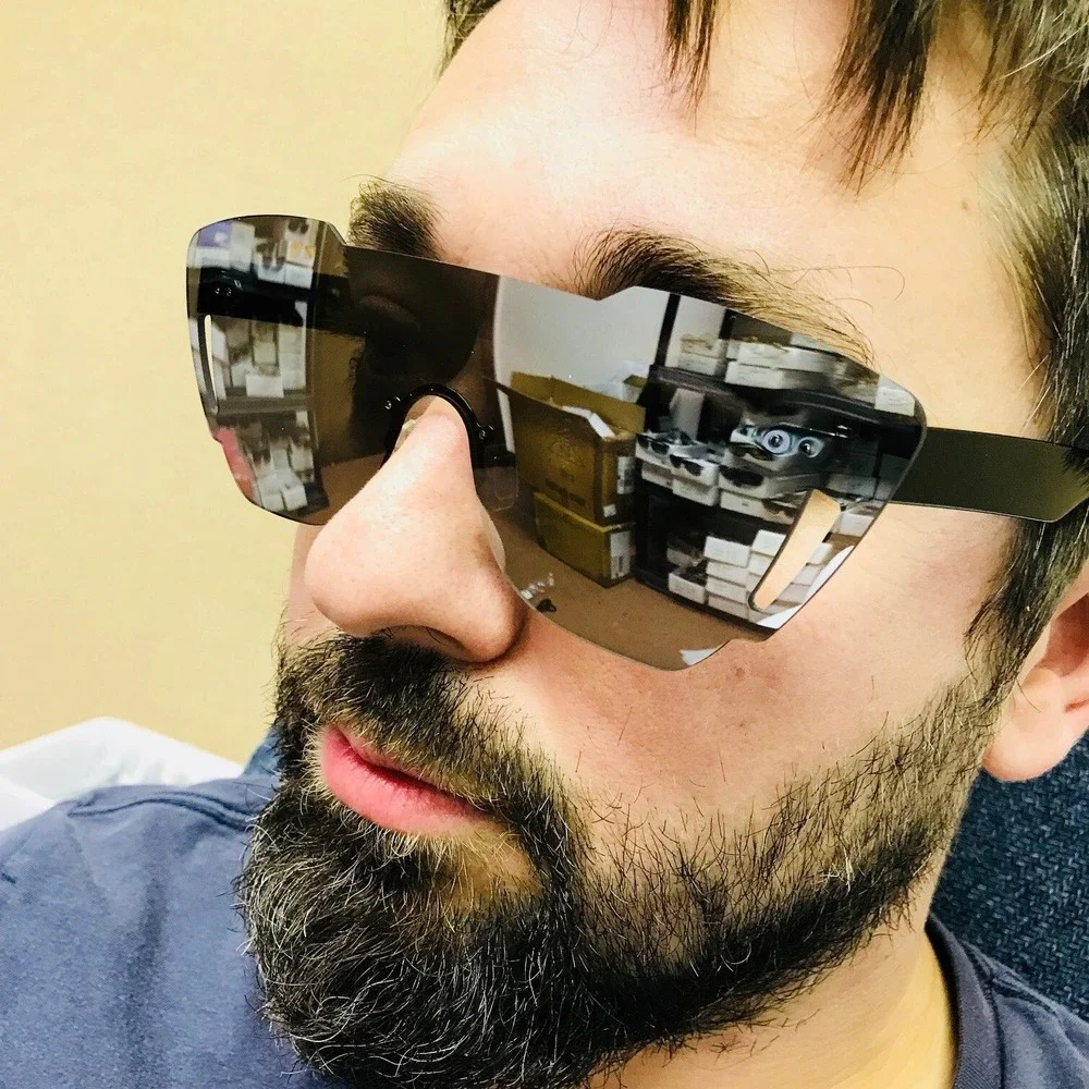 Rimless Sunglasses Shield Visor Silver Mirrored Lens Fashion‎ Futuristic Sports